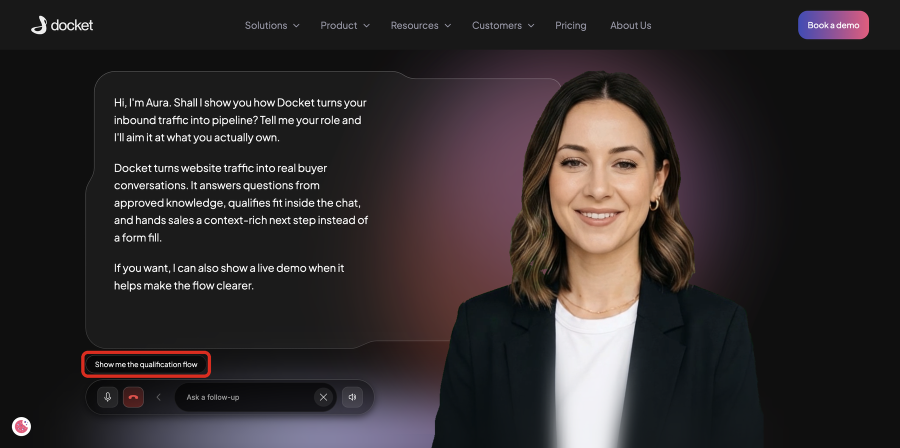 Docket website agent after its greeting, with the suggested prompt Show me the qualification flow highlighted between the conversation and the call controls