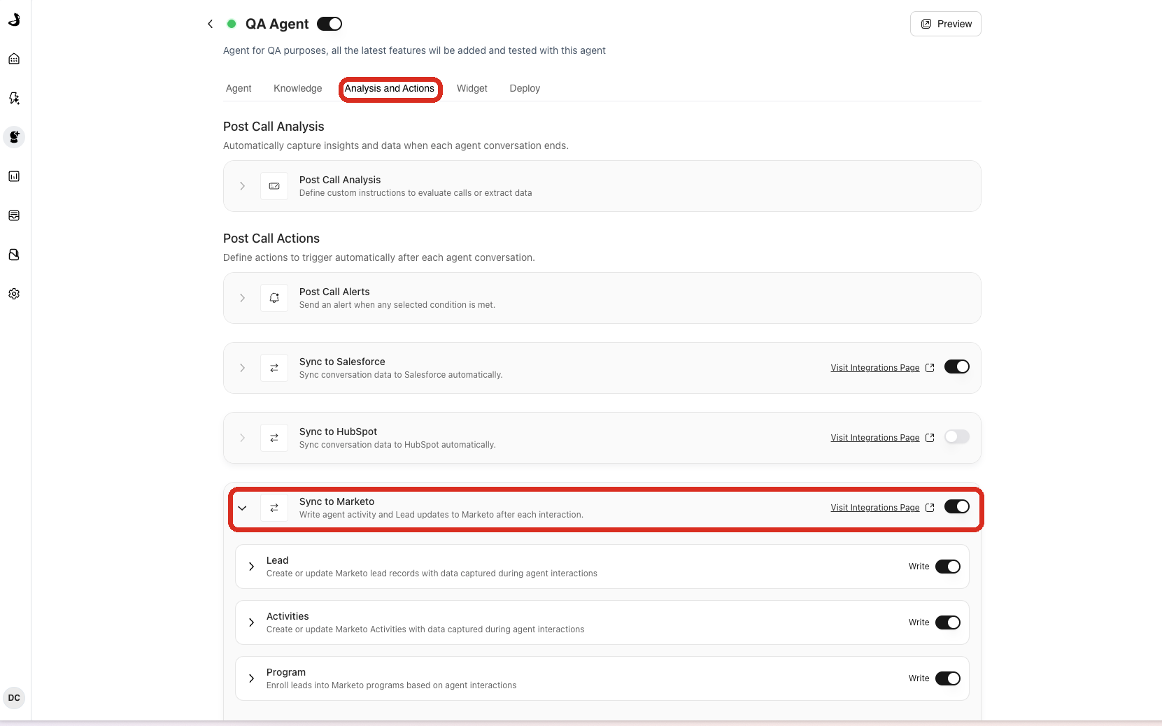 Sync to Marketo expanded on a Marketing Agent, showing Lead sync, Activities and Program enrollment