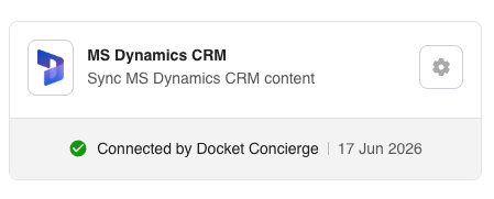 MS Dynamics CRM card showing a successful Docket connection