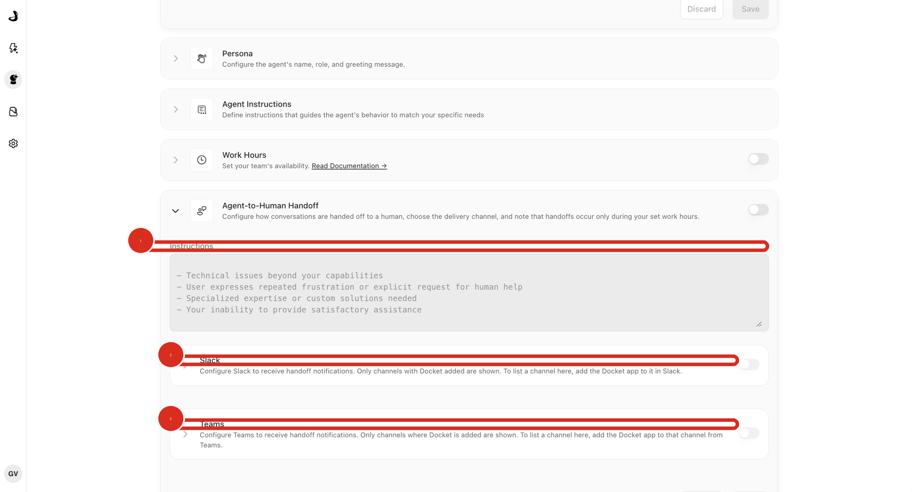 Agent-to-Human Handoff expanded in Docket, with the Instructions field and the Slack and Teams delivery options outlined