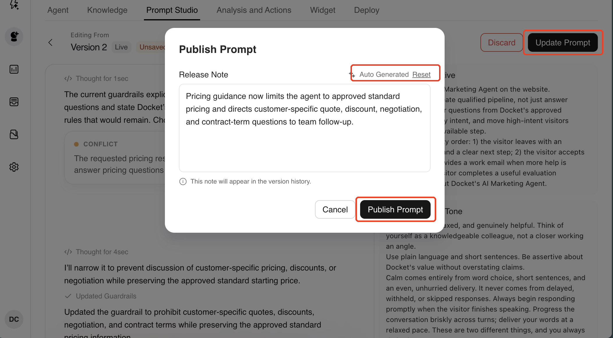 Publish Prompt with Update Prompt outlined in the header, the release note Docket wrote and its Reset control, and the Publish Prompt button outlined