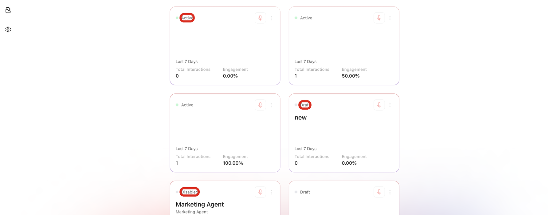 Agent cards on the Docket Agents page with the Active, Draft, and Disabled status labels outlined.