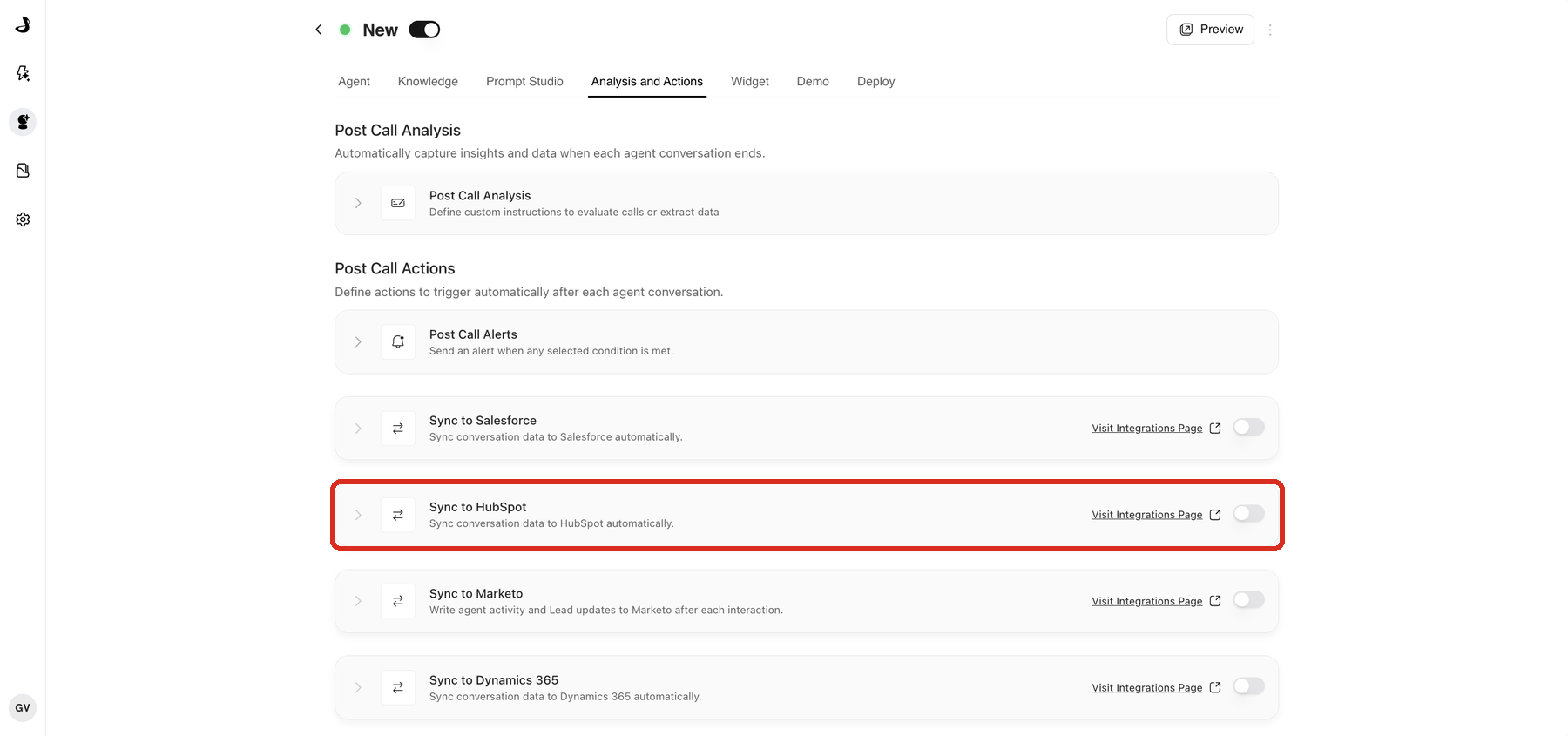 The Analysis and Actions tab of a Marketing Agent with Sync to HubSpot highlighted under Post Call Actions