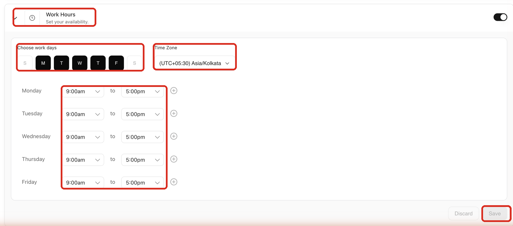 Docket Work Hours with the Work Hours section, Choose work days, the Time Zone selector, the daily start and end times, and the Save button outlined.