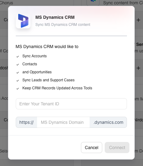 MS Dynamics CRM connection form for the Microsoft tenant ID and Dynamics domain