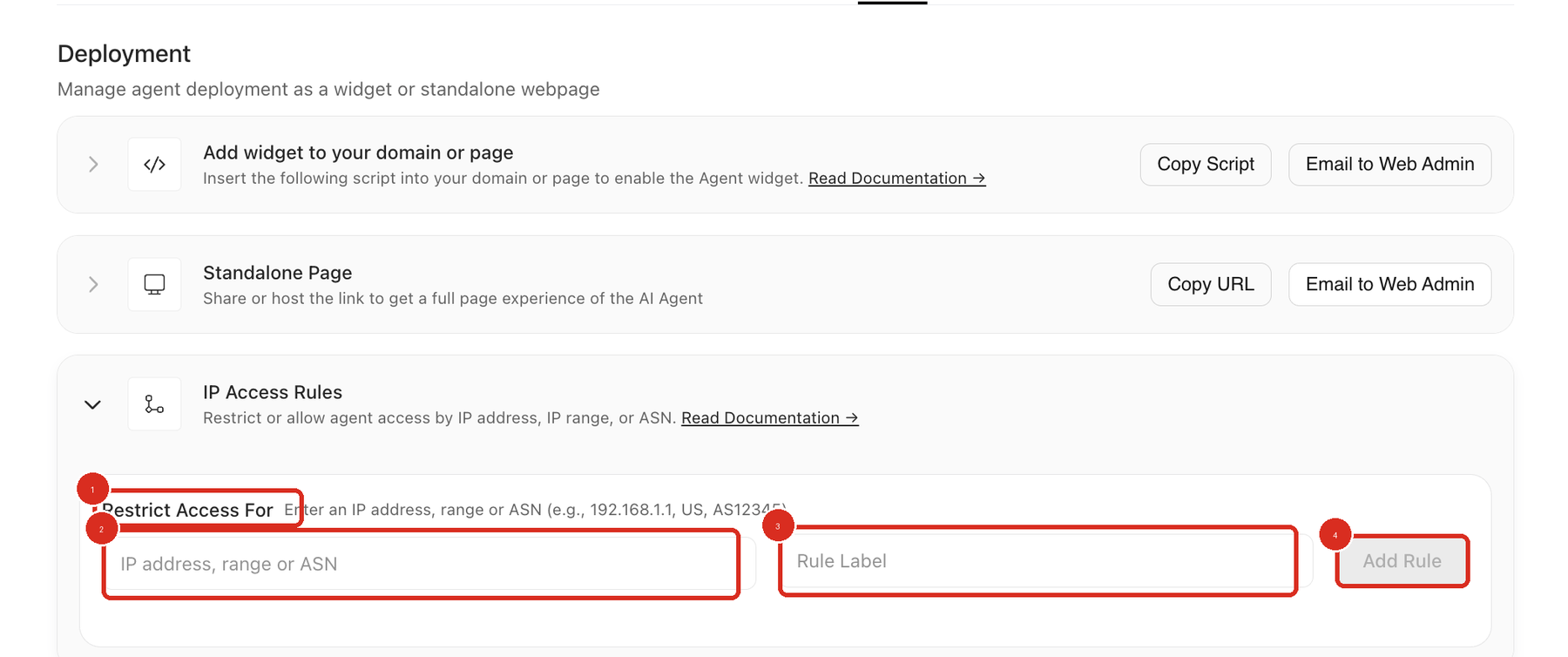 Expanded IP Access Rules section on the Deploy tab. Callout 1 marks the Restrict Access For label and its hint, callout 2 marks the IP address, range or ASN field, callout 3 marks the optional Rule Label field, and callout 4 marks the Add Rule button.
