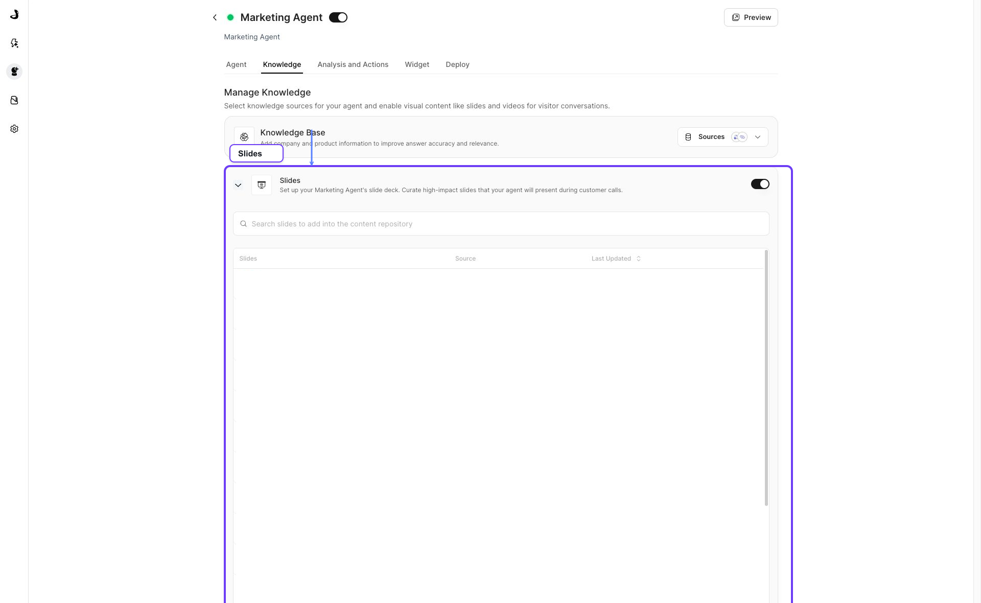 Live Slides section showing the toggle, search, and table headings