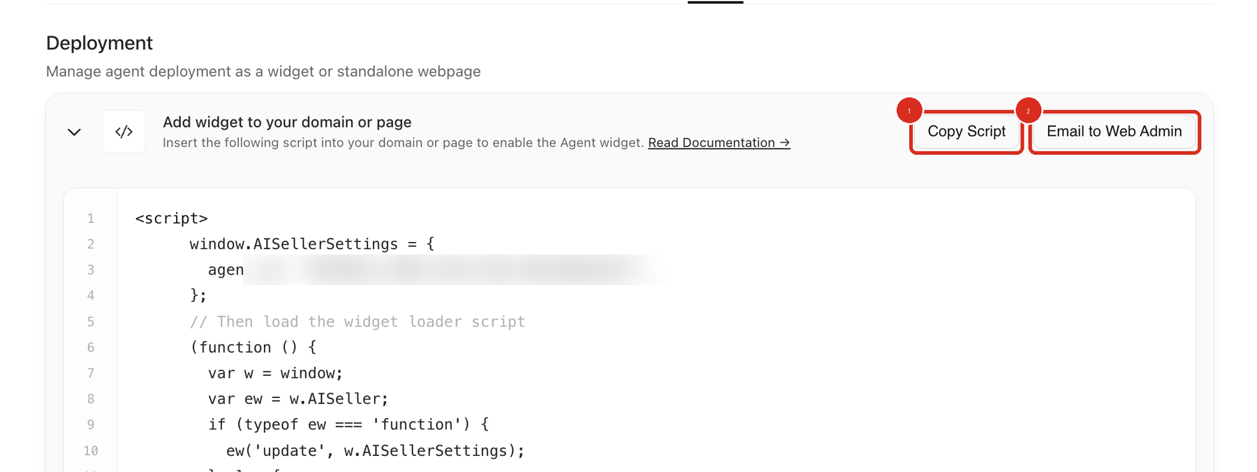 Add widget to your domain or page section on the Deploy tab with the generated script below it. Callout 1 marks the Copy Script button and callout 2 marks the Email to Web Admin button.