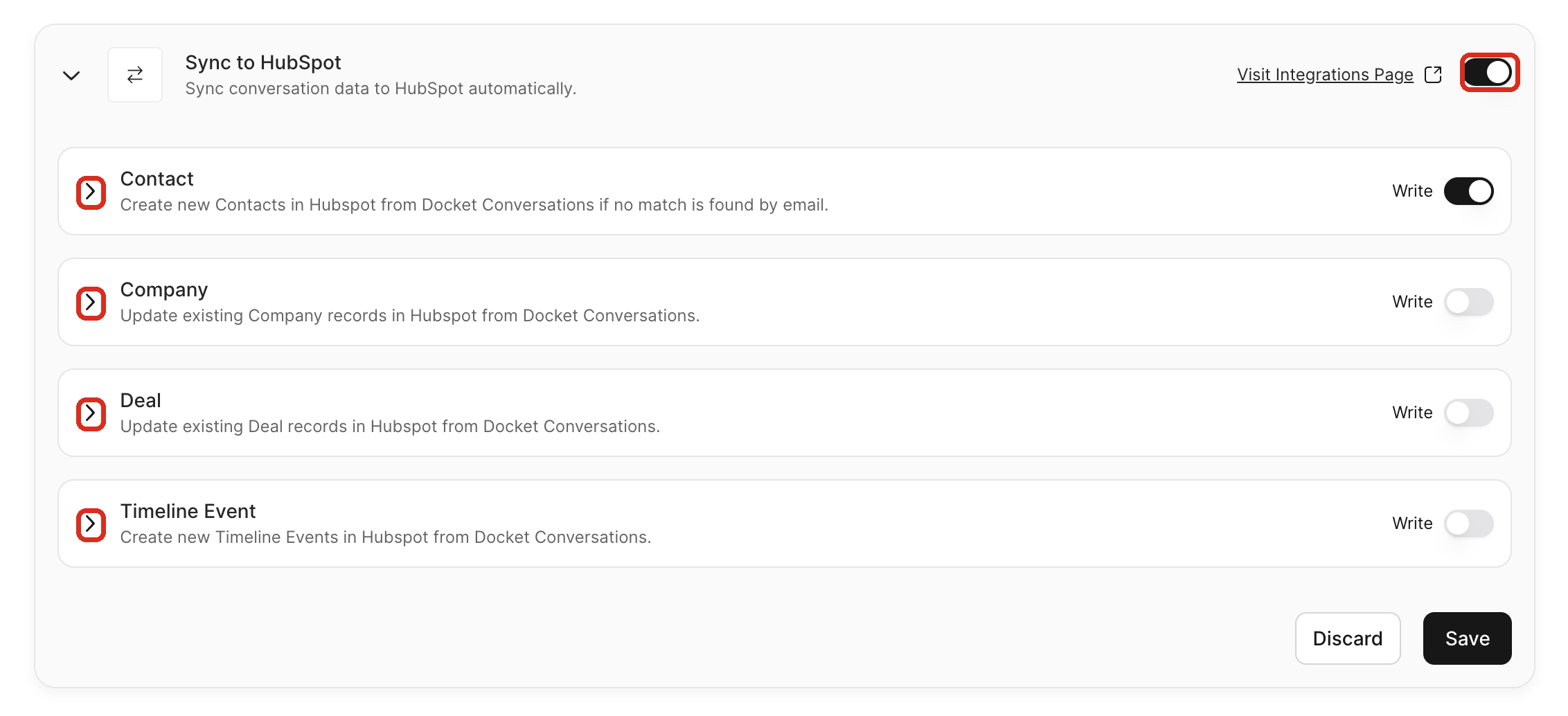 Expanded Sync to HubSpot configuration showing object and field mapping