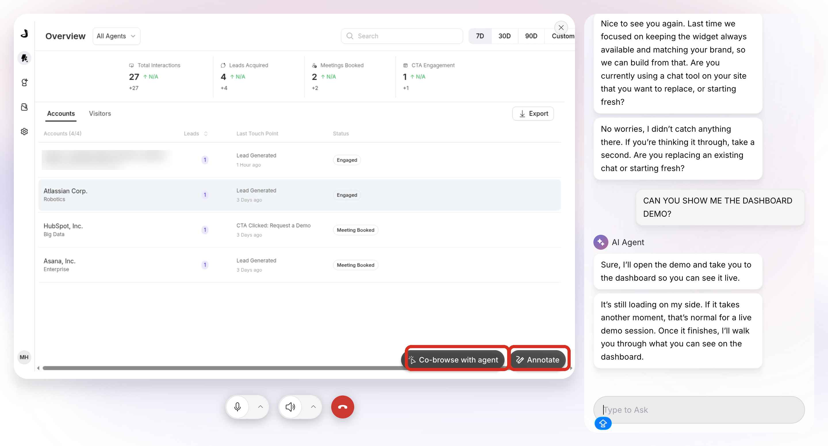 A live demo in progress, highlighting the Co-browse with agent and Annotate controls on the demo view
