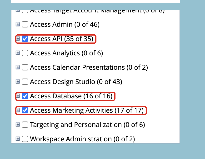 Marketo role permissions with Access API, Access Database and Access Marketing Activities selected