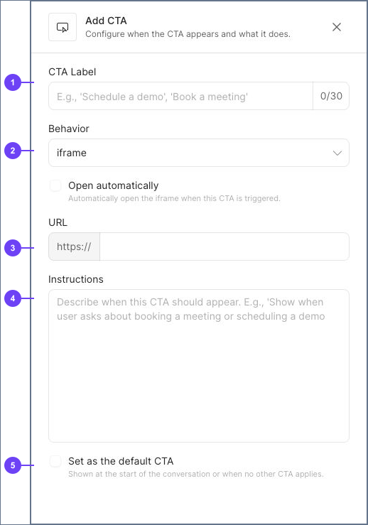 Empty Add CTA form showing Label, Behavior, URL, Instructions, and default CTA controls