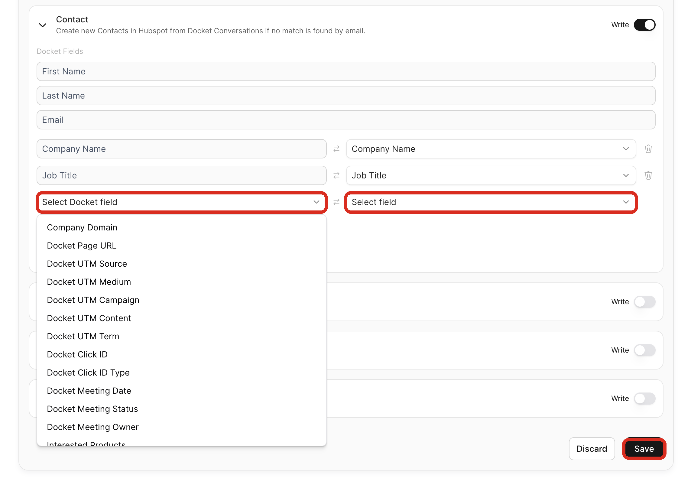 Field mapping rows pairing a Docket field with a HubSpot property