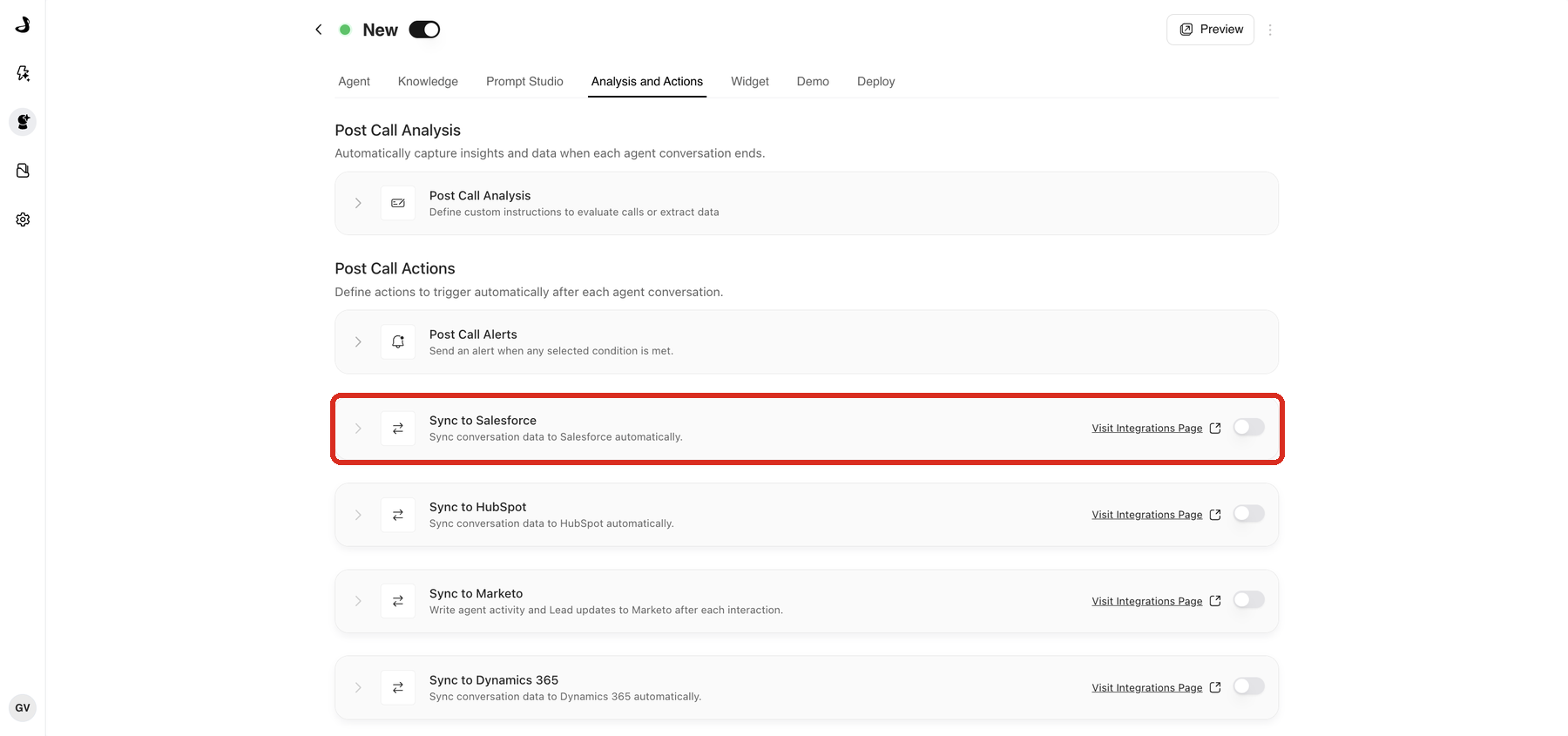 The Analysis and Actions tab of a Marketing Agent with Sync to Salesforce highlighted under Post Call Actions