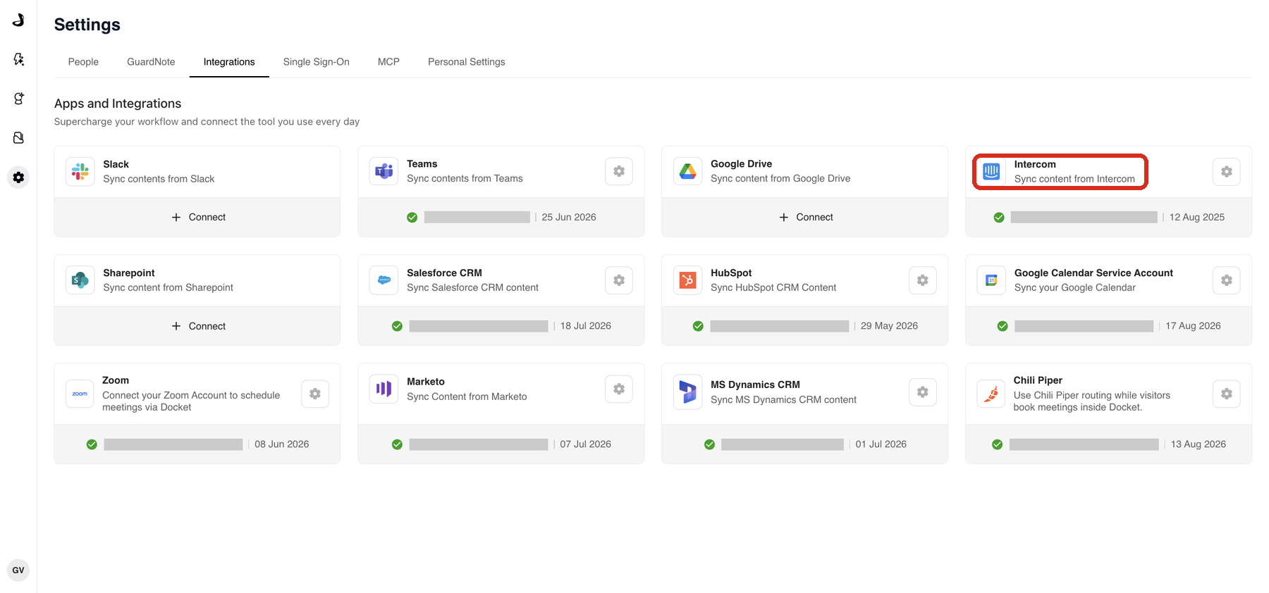 The Intercom card on the Apps and Integrations page in Docket Settings