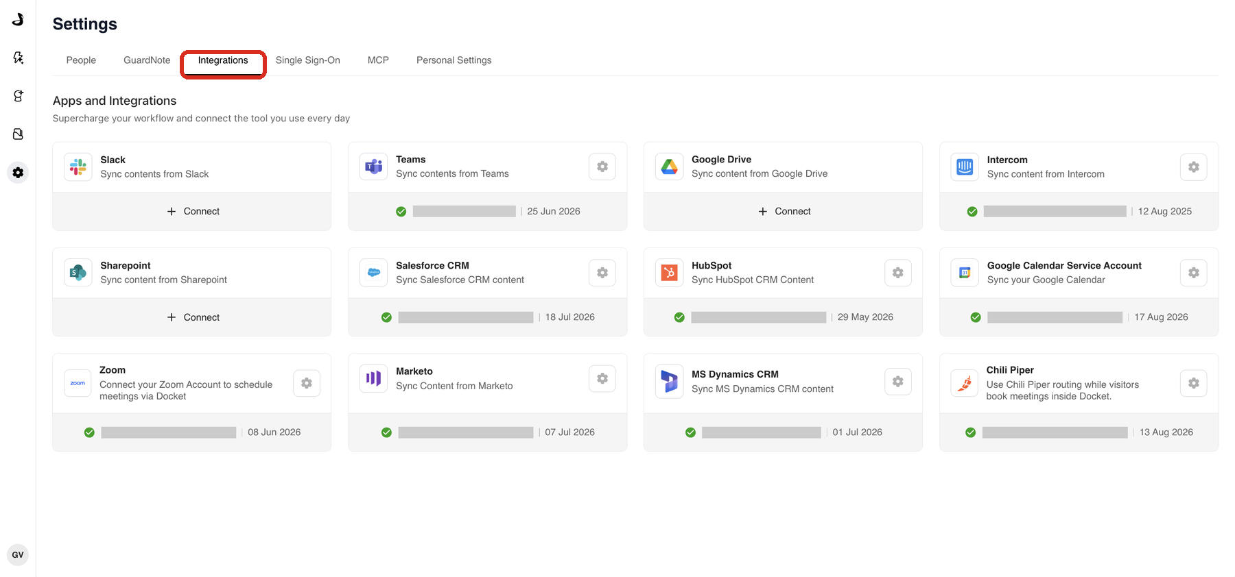 The Integrations tab in Docket Settings, showing the Apps and Integrations cards