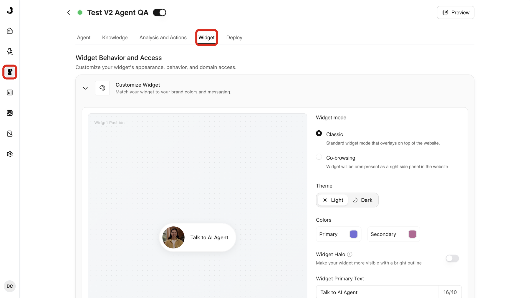 The Marketing Agent Configuration icon in the left sidebar and the Widget tab are both outlined, on an agent open in Docket. The Widget tab sits beside Agent, Knowledge, Analysis and Actions and Deploy.