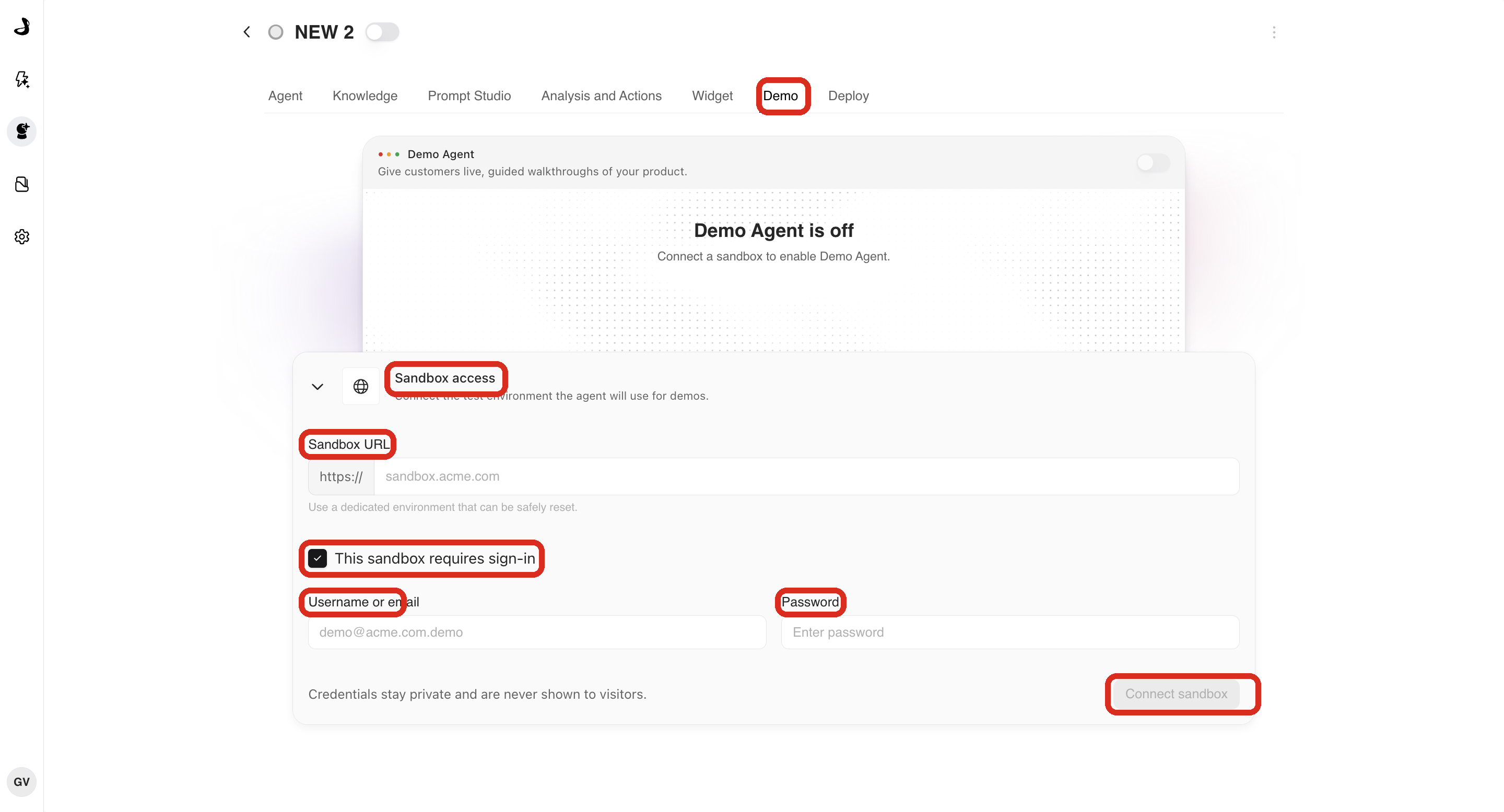 The Demo tab before setup, highlighting the Demo tab, Sandbox access, Sandbox URL, the checkbox labelled This sandbox requires sign-in, Username or email, Password, and the Connect sandbox button