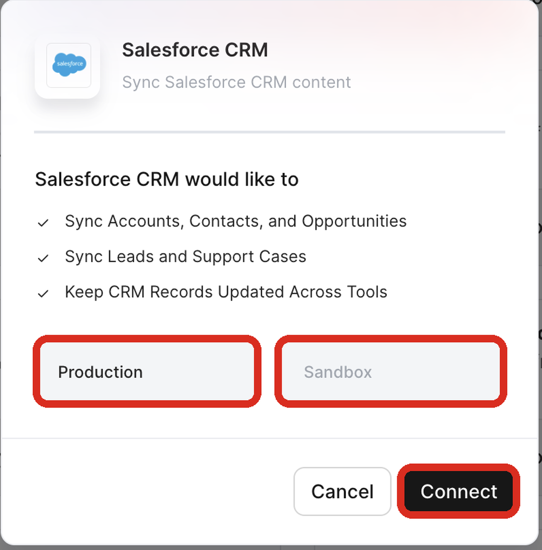 The Salesforce CRM connection dialog in Docket with the Production and Sandbox choices and Connect highlighted