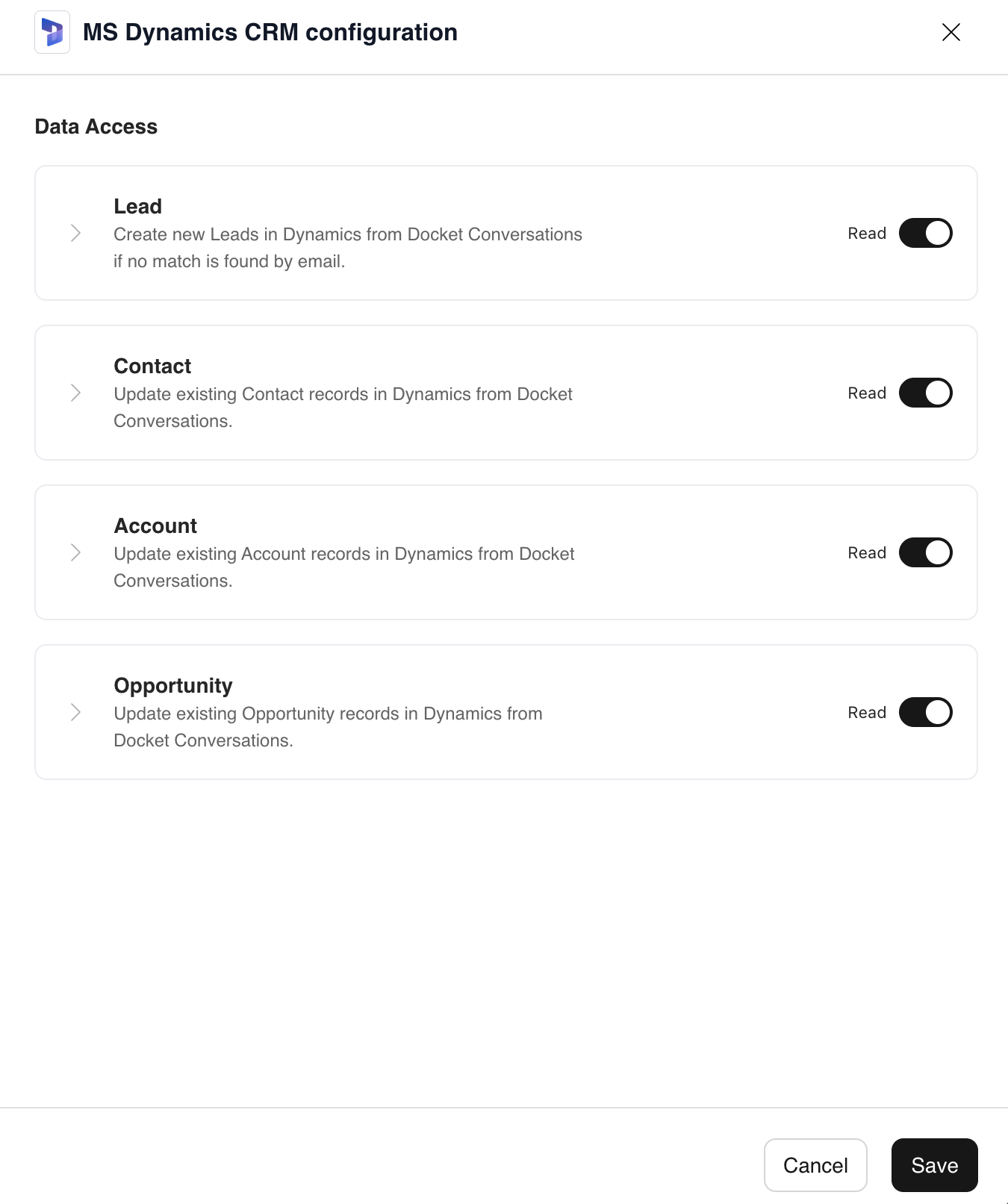 MS Dynamics CRM configuration drawer showing workspace Data Access controls
