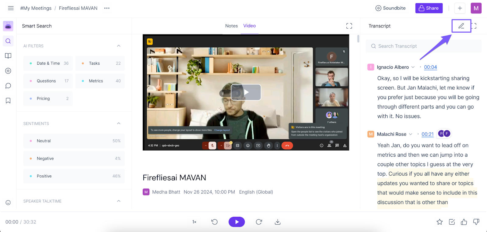 How to edit meeting transcripts on the Fireflies Notepad?