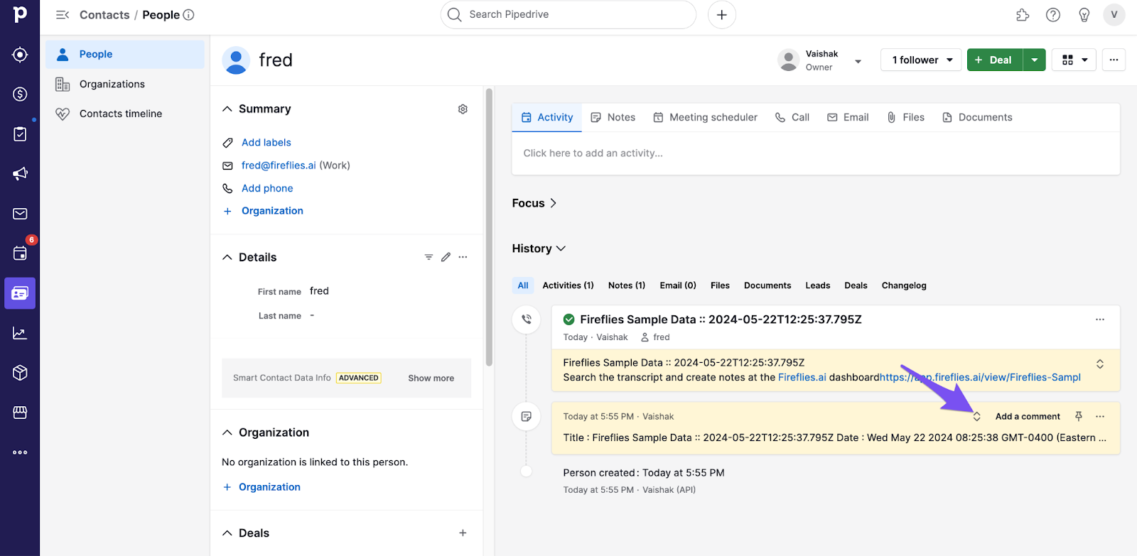 Note Pipedrive Example How to log meeting notes under Pipedrive contacts