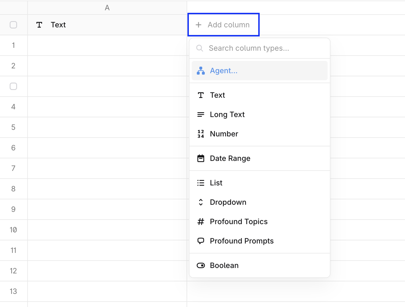 Screenshot 2026-06-13 at 12.50.12 pm.png Screenshot of the blank sheet view with Add column option highlighted and a dropdown menu open
