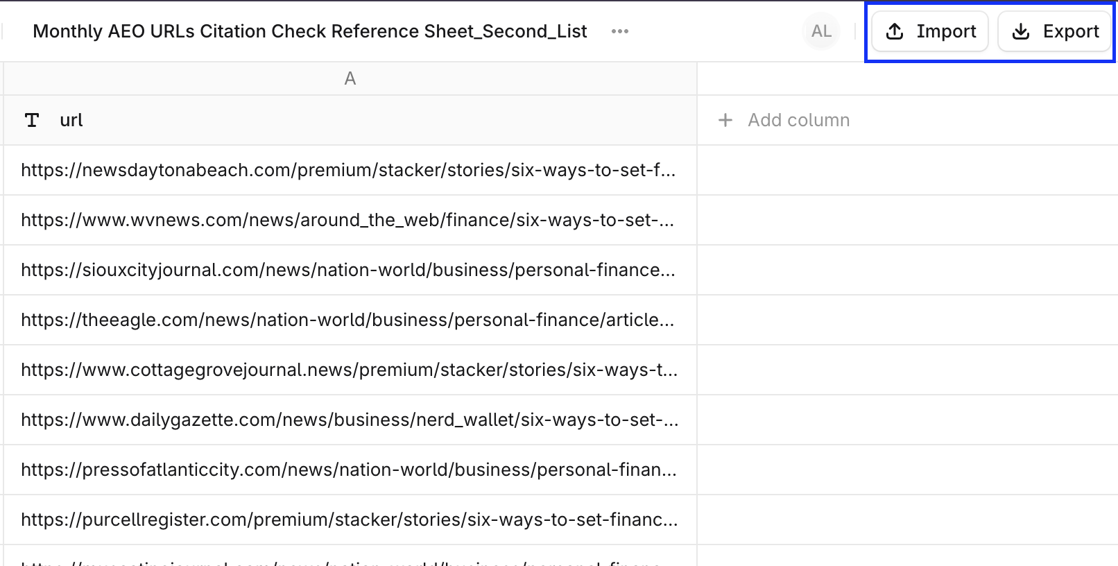 Screenshot 2026-06-13 at 1.05.34 pm.png A sheet view with Import and Export buttons highlighted