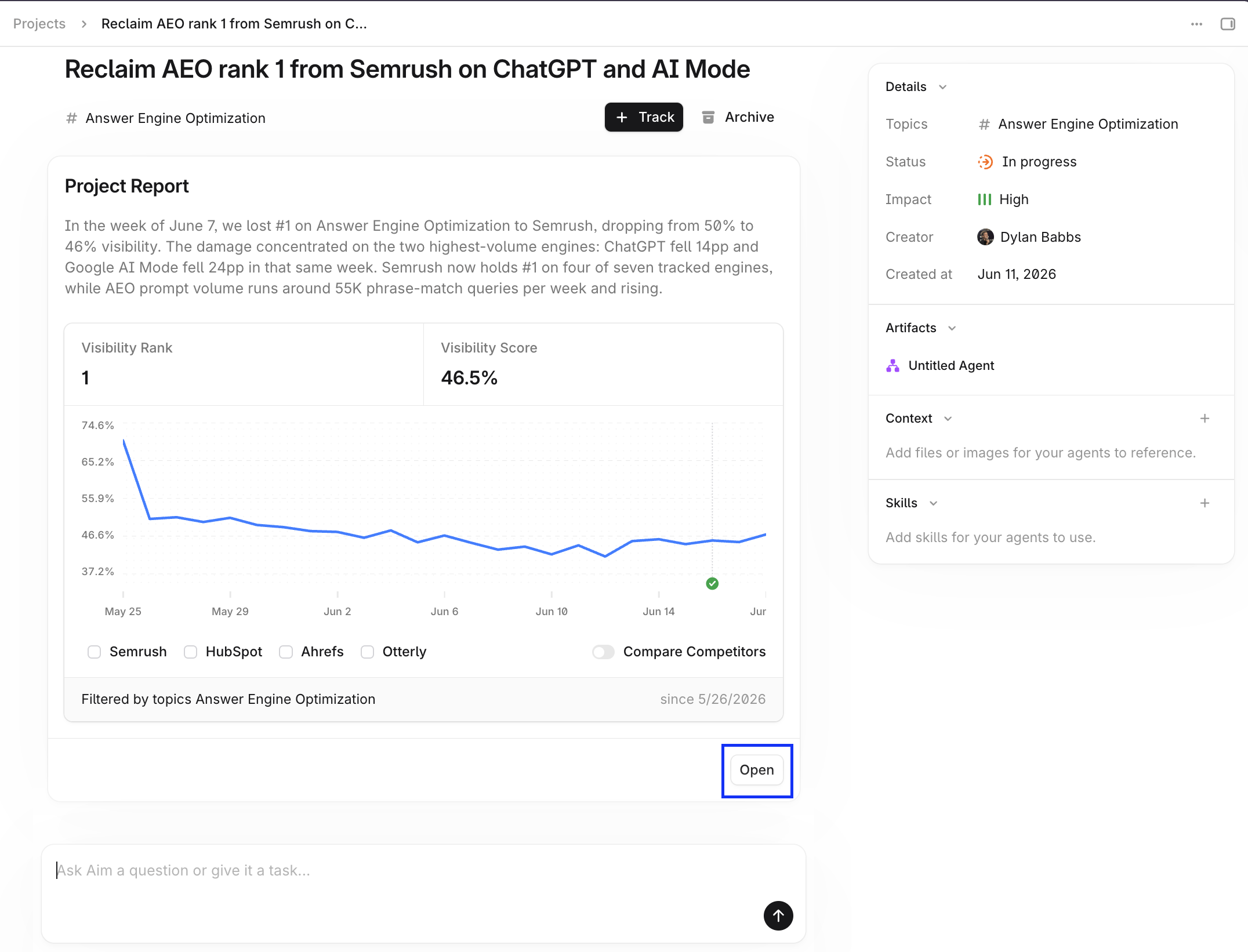 Screenshot 2026-06-18 at 9.58.32 pm.png Project suggestion view screenshot with Open button highlighted