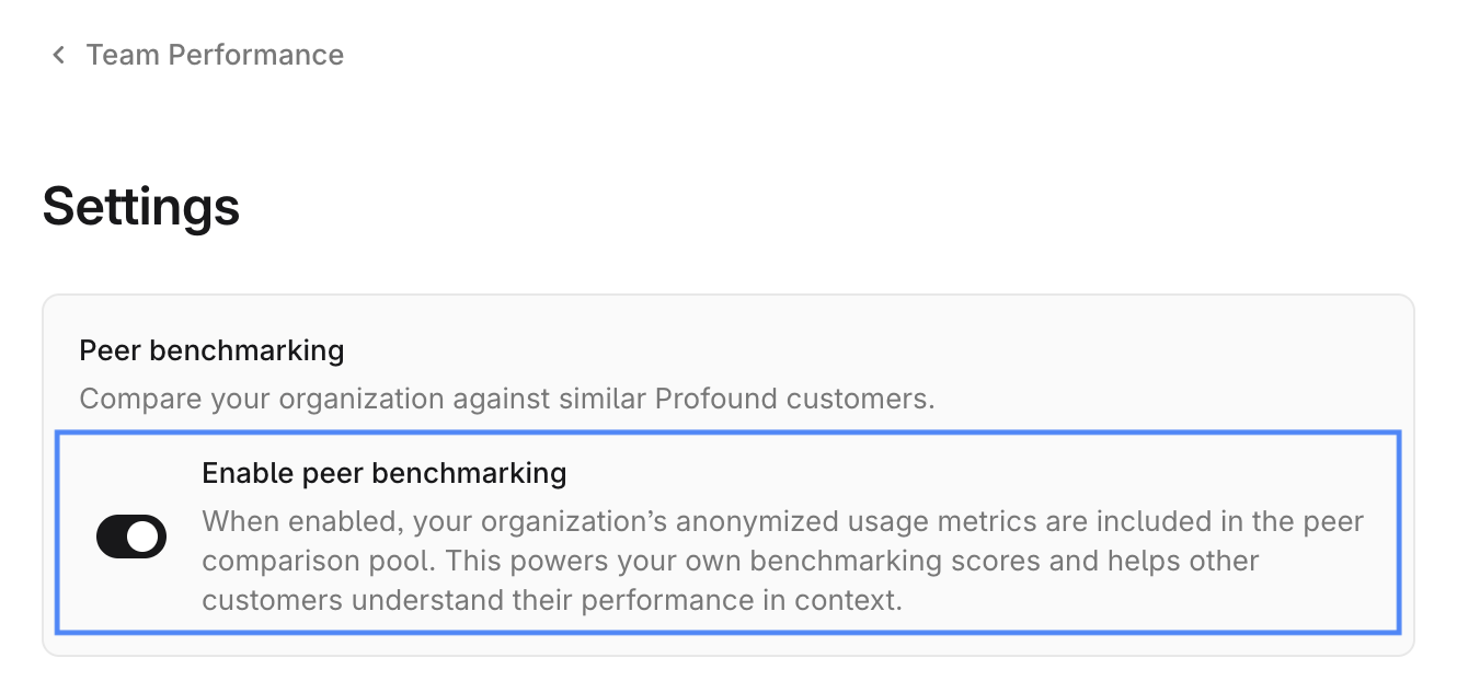 Screenshot 2026-07-17 at 1.02.59 pm.png Team Performance dashboard Settings view screenshot with Enable peer benchmarking toggle highlighted