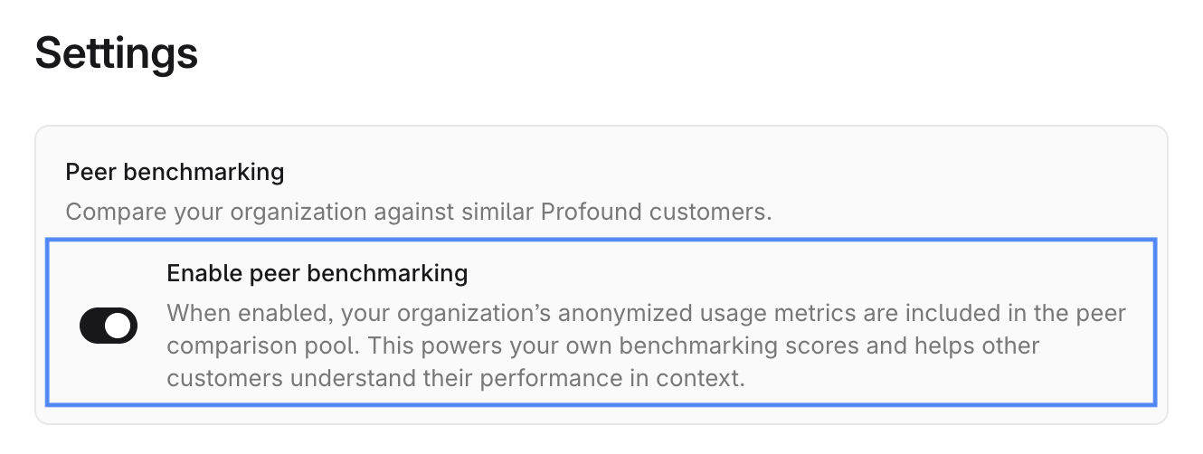Screenshot 2026-07-17 at 1.02.59 pm.png Command Center dashboard Settings view screenshot with Enable peer benchmarking toggle highlighted