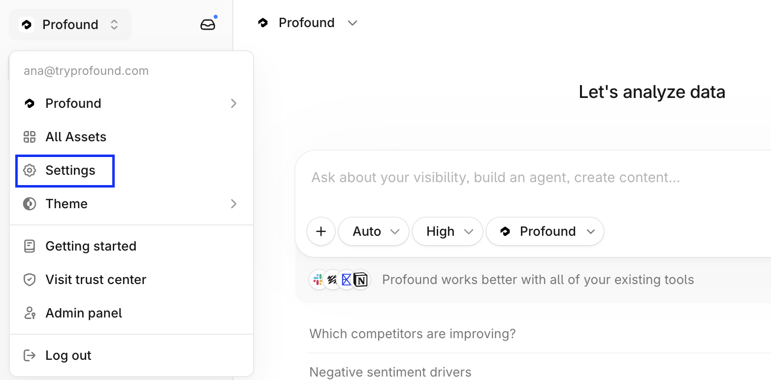 Profound platform landing page screenshot with the organization name menu expanded and the Settings option highlighted