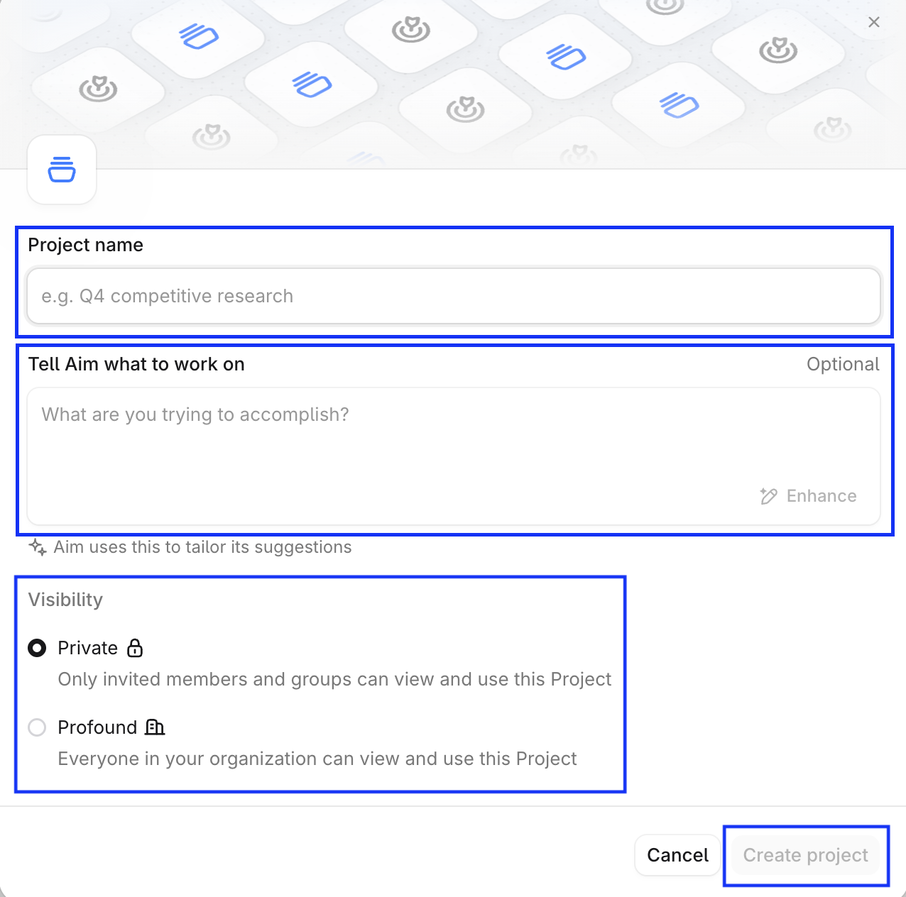 New Project form with fields for the project name, Aim instructions, and visibility.