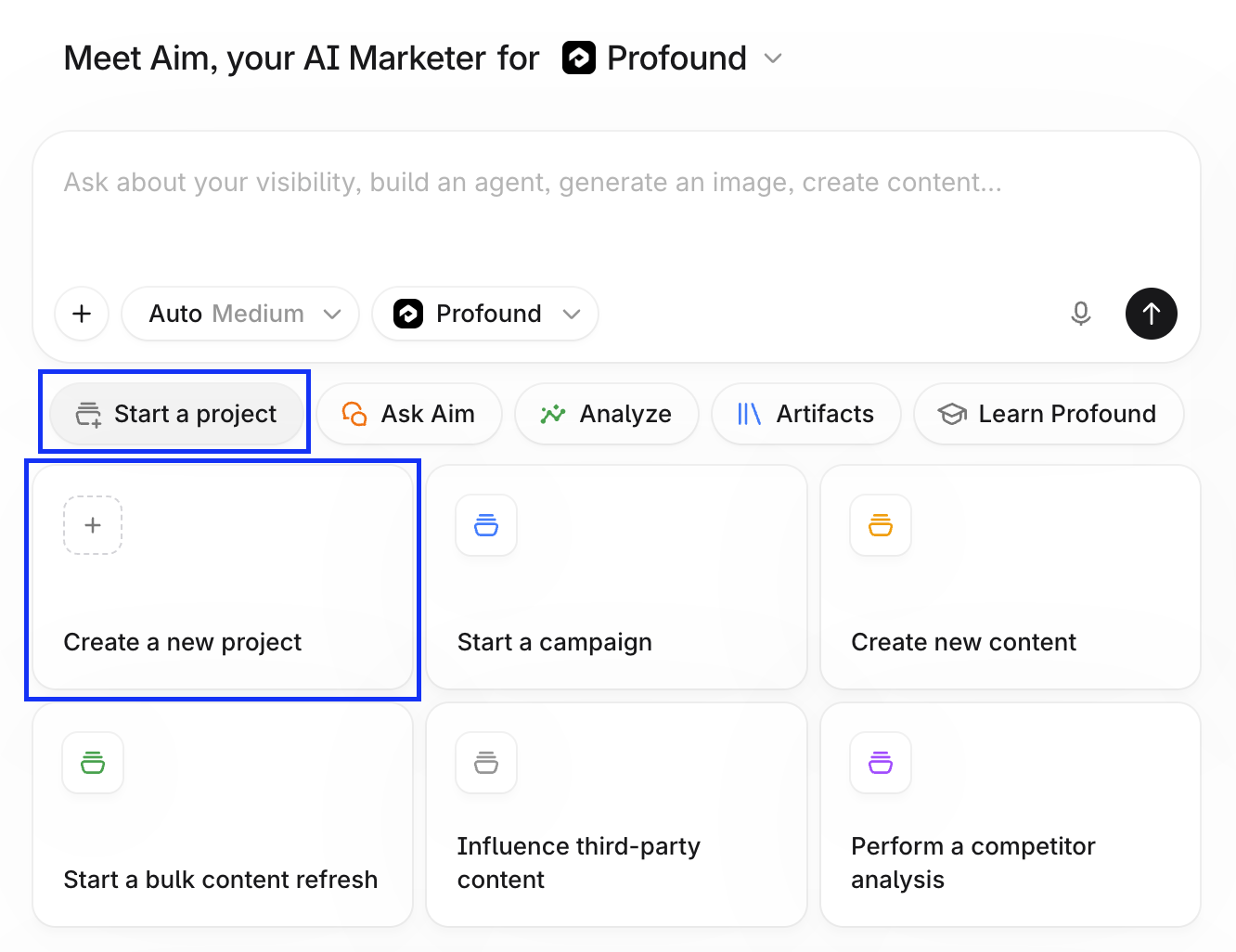 Home page Start a project menu with the Create a new Project option highlighted.