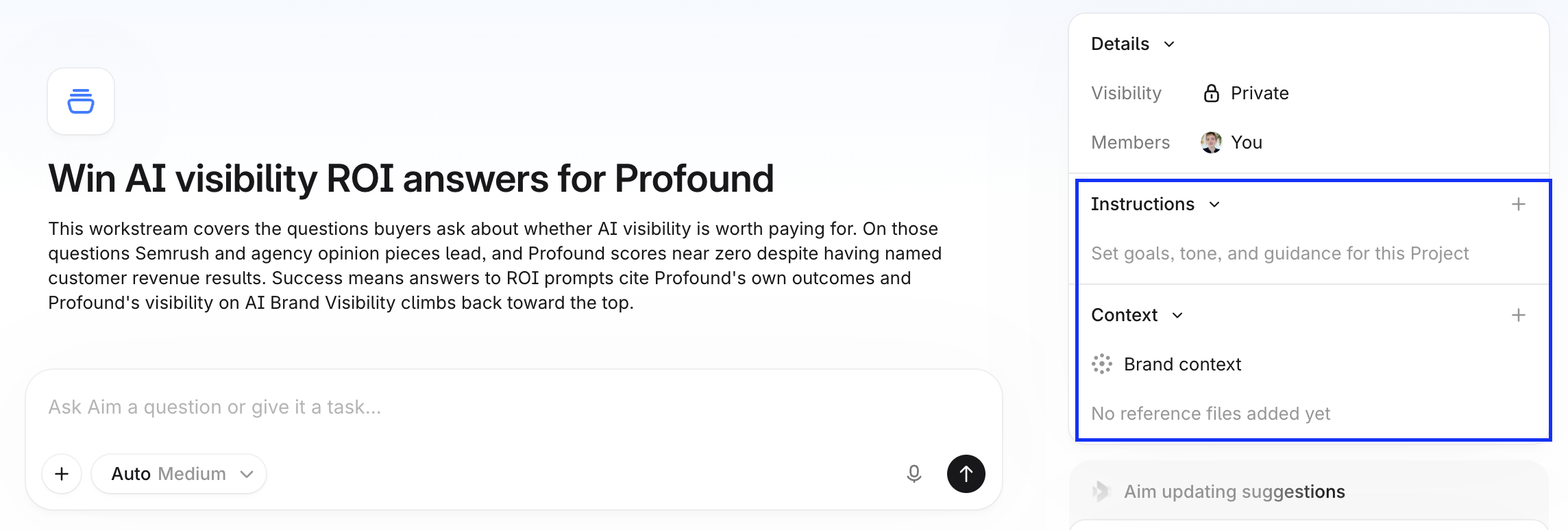Project page with the right sidebar showing Instructions and Context sections.