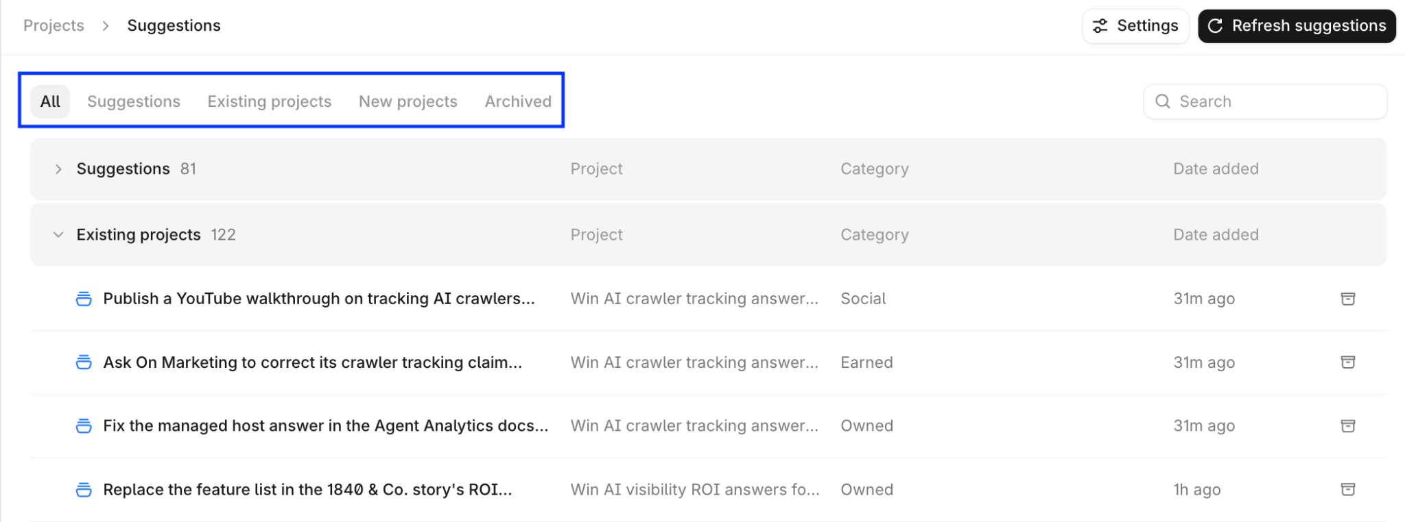 Suggestions page with tabs for All, Suggestions, Existing Projects, New Projects, and Archived.