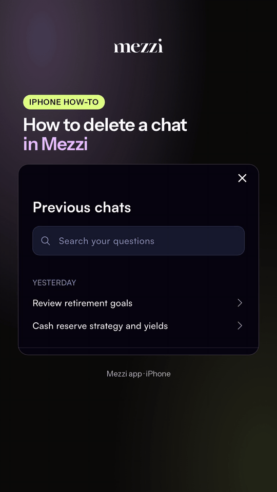 App screen showing the Mezzi Previous Chats modal with a search bar and listed chat items, illustrating where to swipe to delete a conversation.