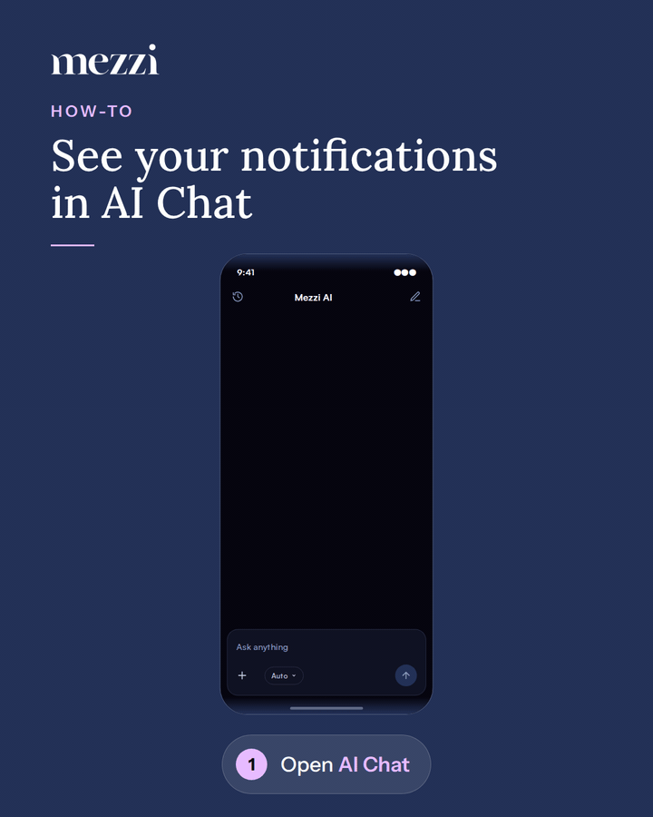 Mobile screen labeled 'Mezzi AI' with a textured blue background and the instruction step 'Open AI Chat' highlighted at the bottom.