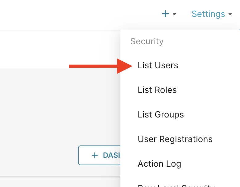 Select Settings at the top right of the page. Then, select List Users from the dropdown menu.