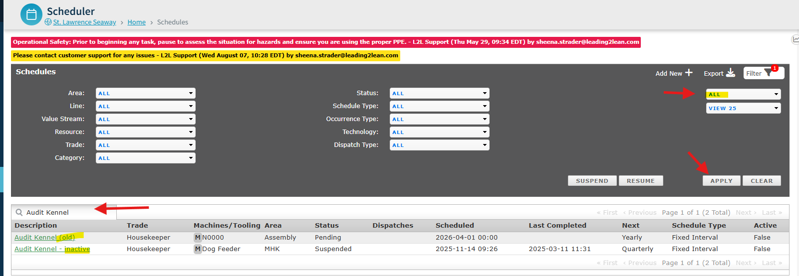 Yellow Highlights: Applied to the "ALL" dropdown, the description "Audit Kennel (old)", and the description "Audit Kennel - inactive". Red Arrows: Pointing to the "ALL" dropdown, the "APPLY" button, and the "Audit Kennel" search bar.