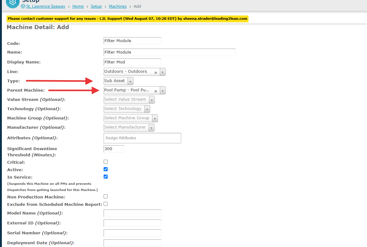 In the Type dropdown, select Sub Asset. The Parent Machine dropdown will then appear.