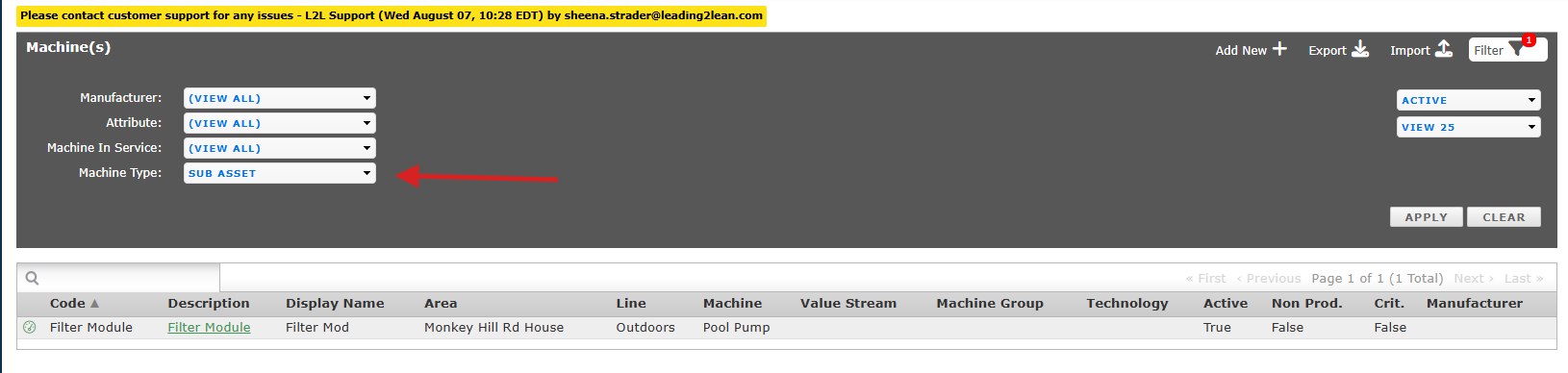 When filtering the machine list, you can filter by Sub Asset using the Machine Type dropdown.