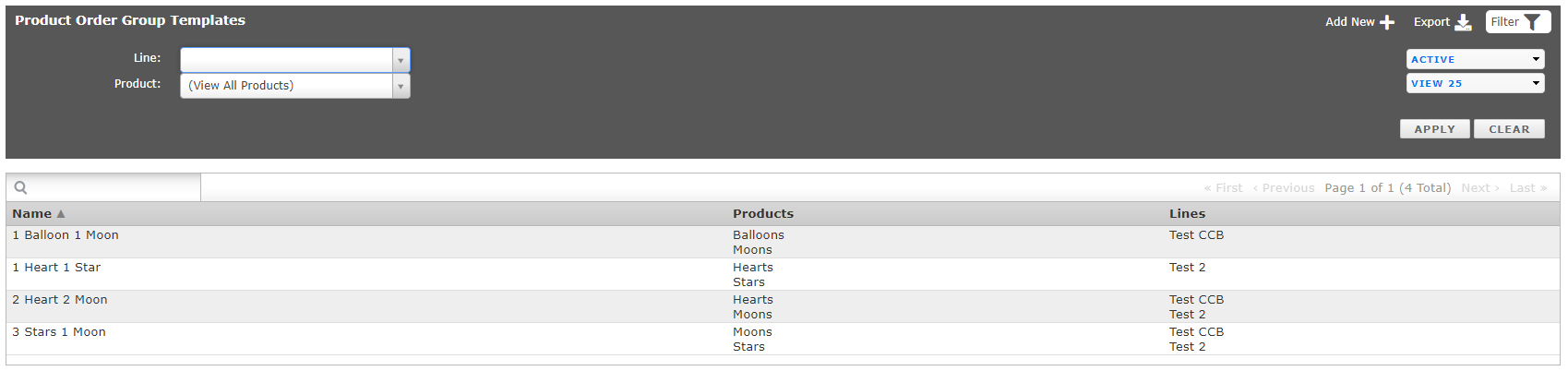 Product Order Group Templates list with filters