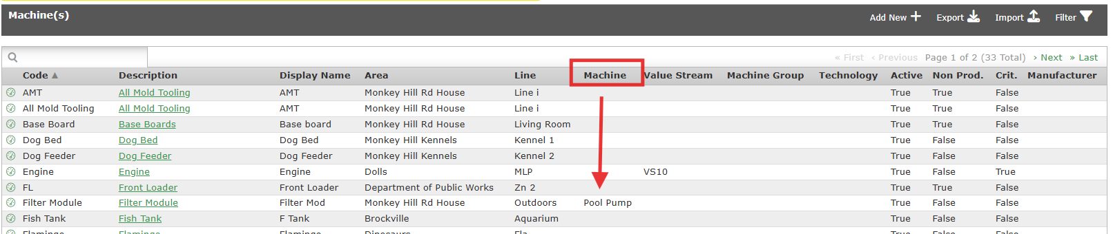 The Machine column will list the Parent Machine of a Sub Asset.