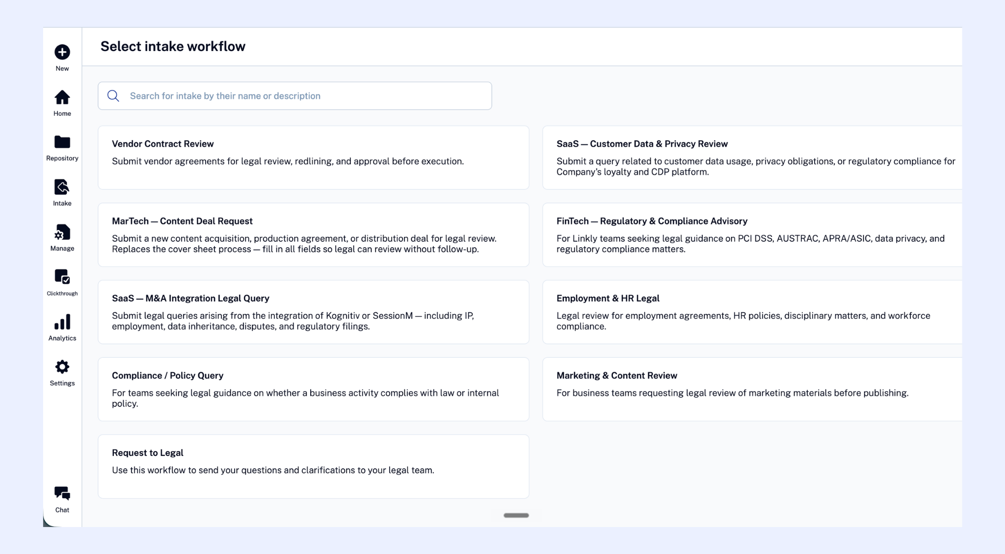 3.png Workflow selection screen showing multiple workflow options with descriptions