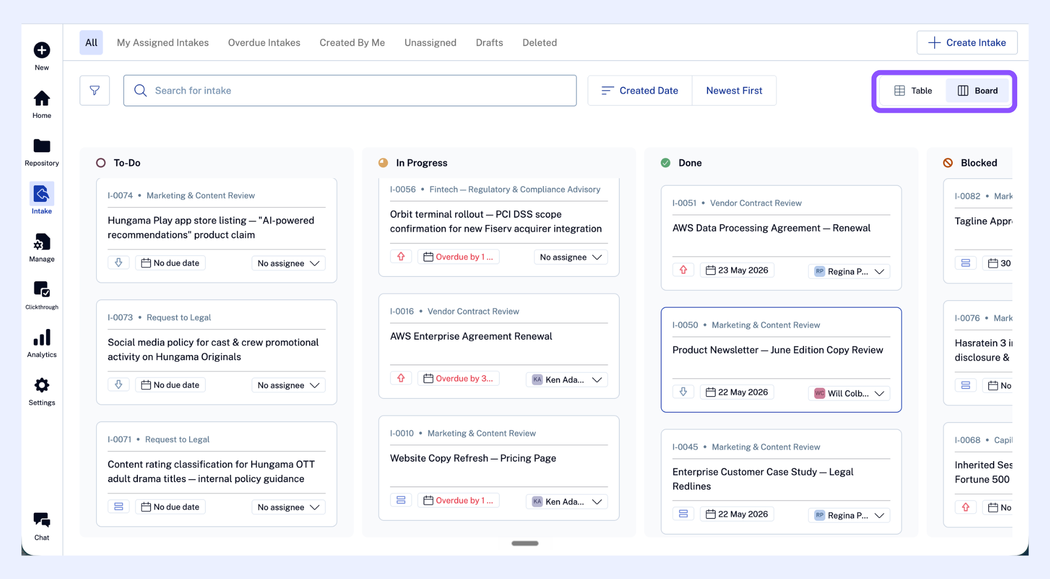 Untitled design.png Intake section open, Kanban board visible with multiple columns