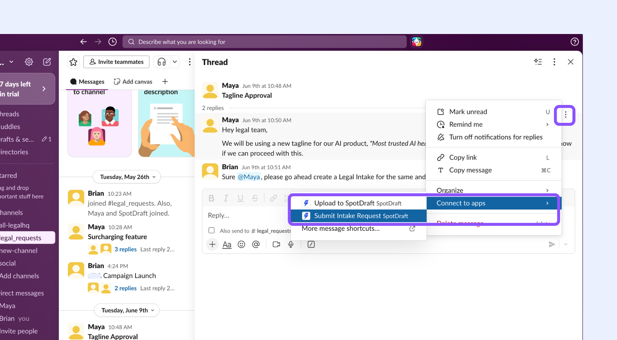 Untitled design (7).png Slack message composer with SpotDraft app shortcut highlighted
