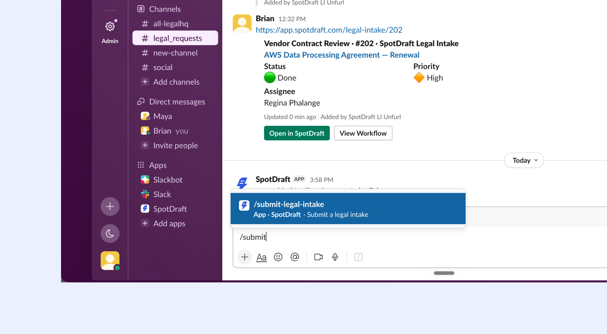 Untitled design (8).png /submit-legal-intake command typed in a Slack channel, intake form modal appearing