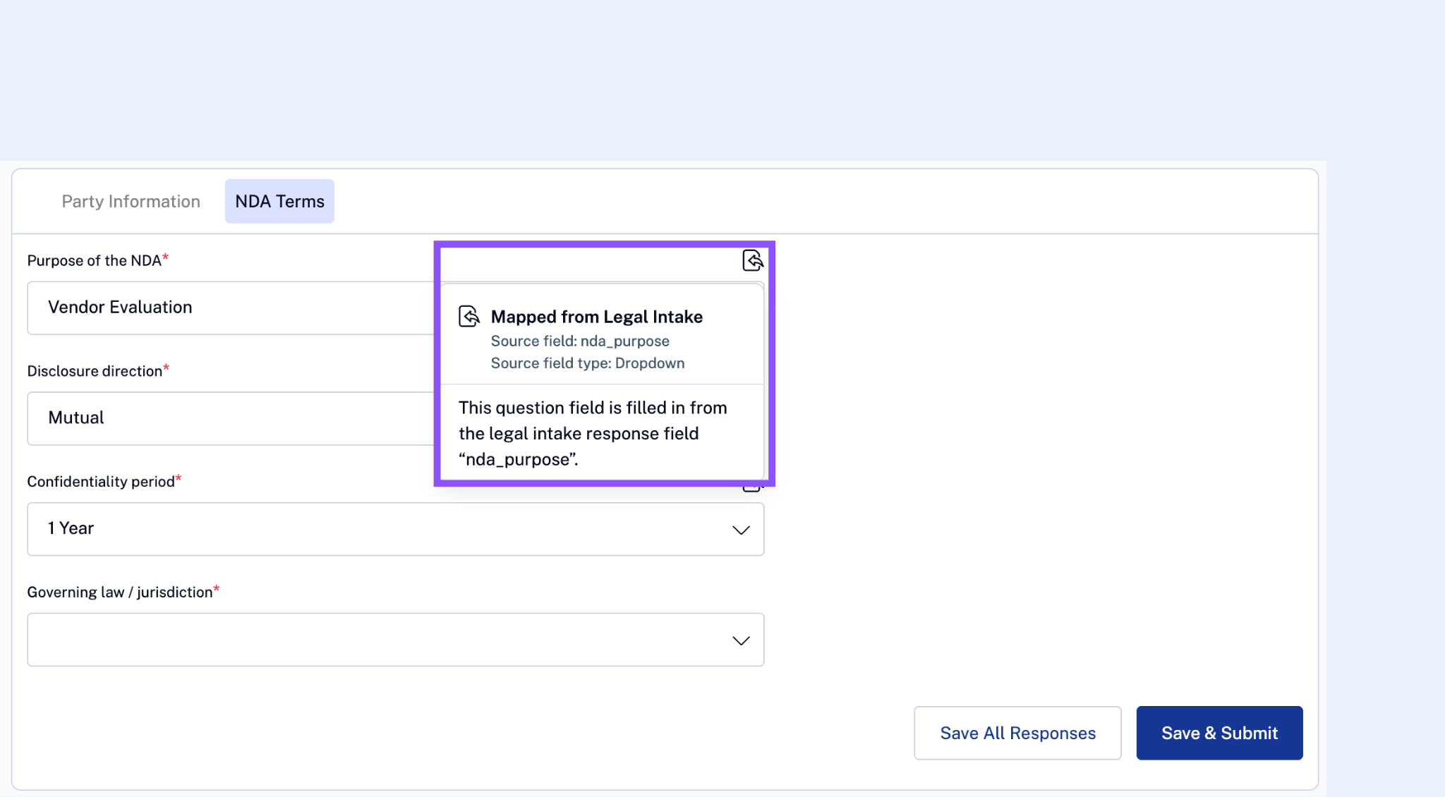 Untitled design (14).png Contract questionnaire with some fields pre-filled from intake, others blank