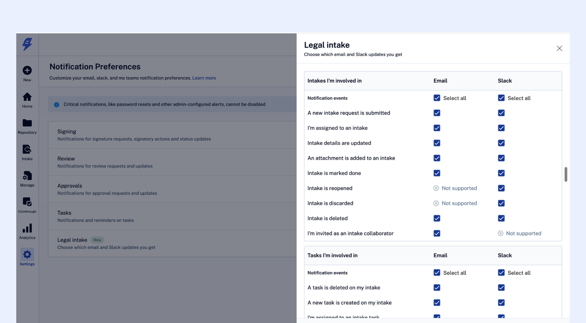 Untitled Design (25).png Legal Intake preference panel showing the four sections with Email and Slack columns